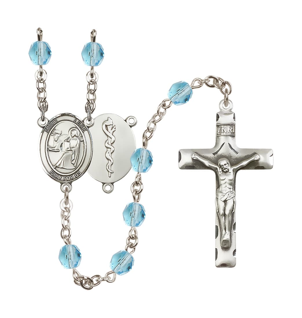 Bliss St Luke the Apostle Doctor Silver-Plated Crystal Birthstone Rosary in Aqua,