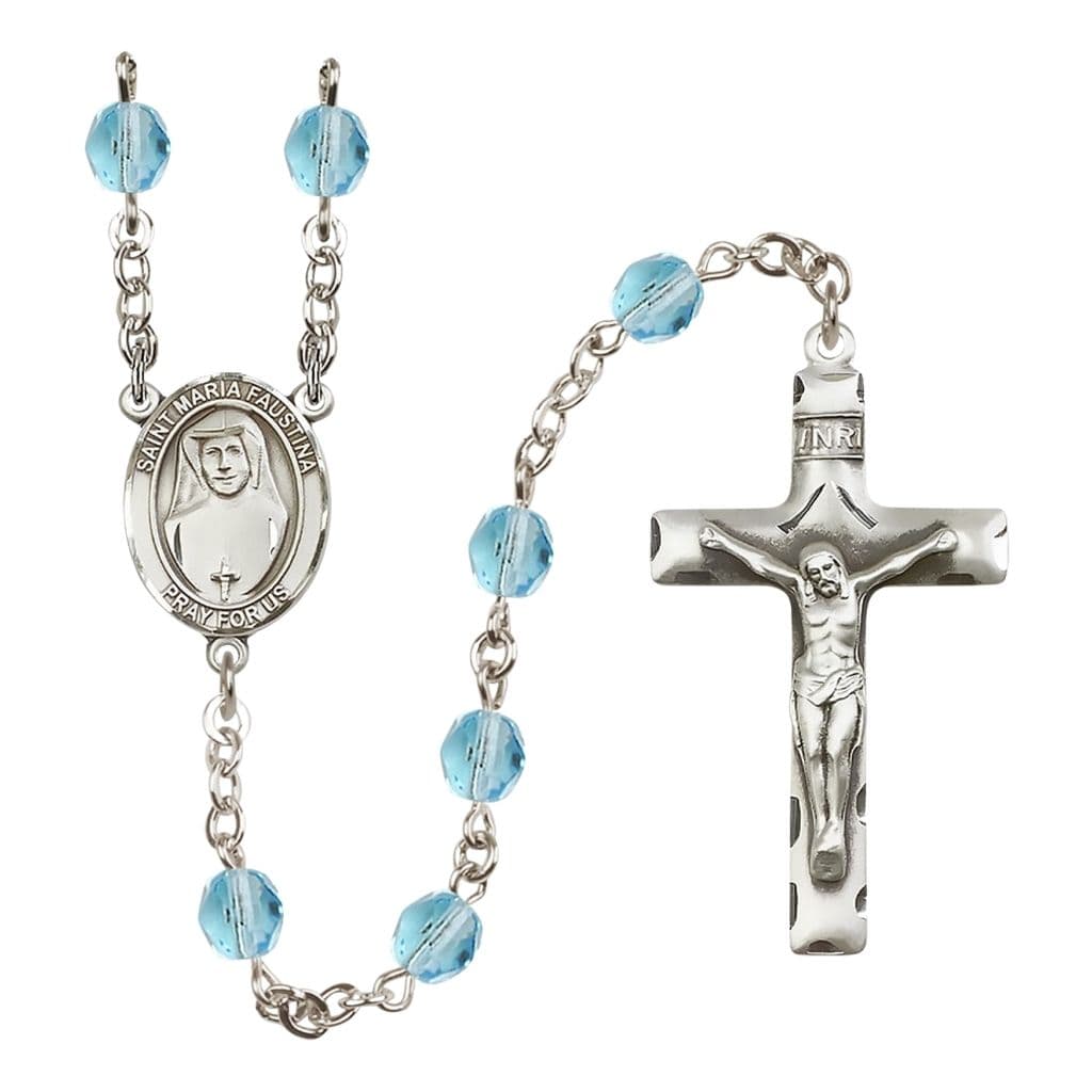 Bliss St. Maria Faustina Engraved Birthstone 6mm Aqua Fire Polished Silver-plated Rosary with Pewter Centerpiece and Crucifix,