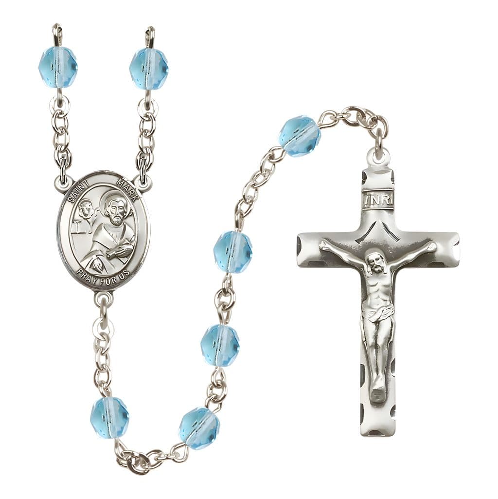 Bliss St. Mark the Evangelist Engravable Rosary with Pewter Crucifix and Centerpiece, Birthstone 6mm Fire Polished Aqua Beads for March