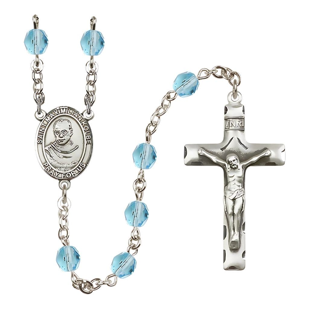 St. Maximilian Kolbe Birthstone Fire Polished Rosary with 6mm Aqua Beads and Pewter Center and Crucifix,