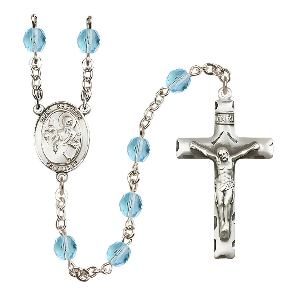 Bliss St. Matthew the Apostle Engraved Birthstone 6mm Fire Polished Rosary in Aqua