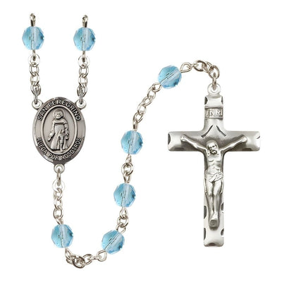 Spanish San Peregrino Engravable Rosary with Pewter Crucifix and Centerpiece, Birthstone 6mm Fire Polished Aqua Beads for March, Bliss Manufacturing