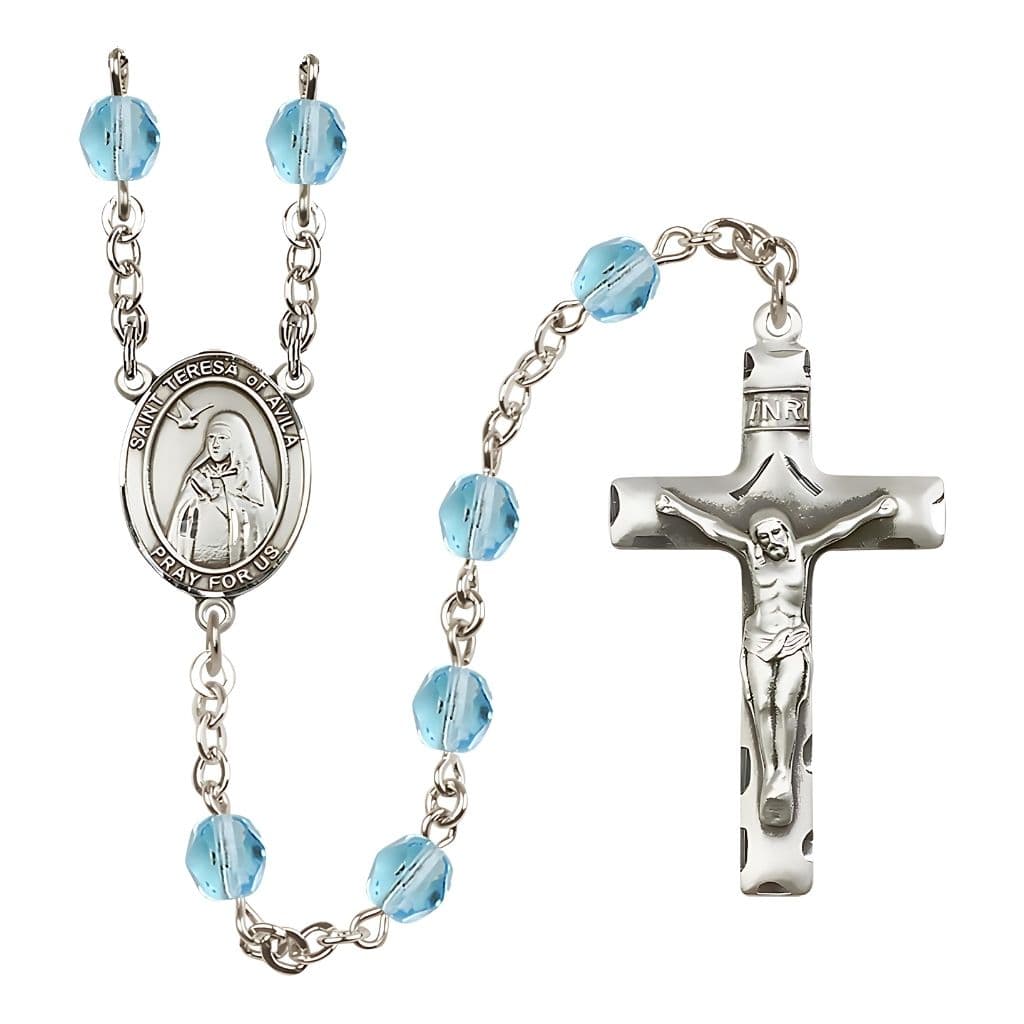 Bliss St. Teresa of Avila Engraved Birthstone 6mm Aqua Fire Polished Rosary with Pewter Centerpiece and Crucifix