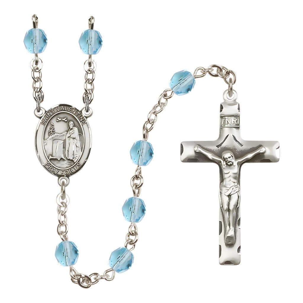 Bliss St. Valentine of Rome Engravable Rosary with Pewter Crucifix and Centerpiece, Birthstone 6mm Fire Polished Aqua Beads for March