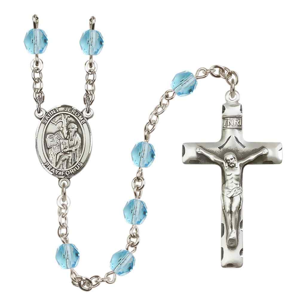 Saint Jerome Silver-plated Rosary with Pewter Crucifix and Centerpiece, Birthstone 6mm Fire Polished Aqua Beads for March