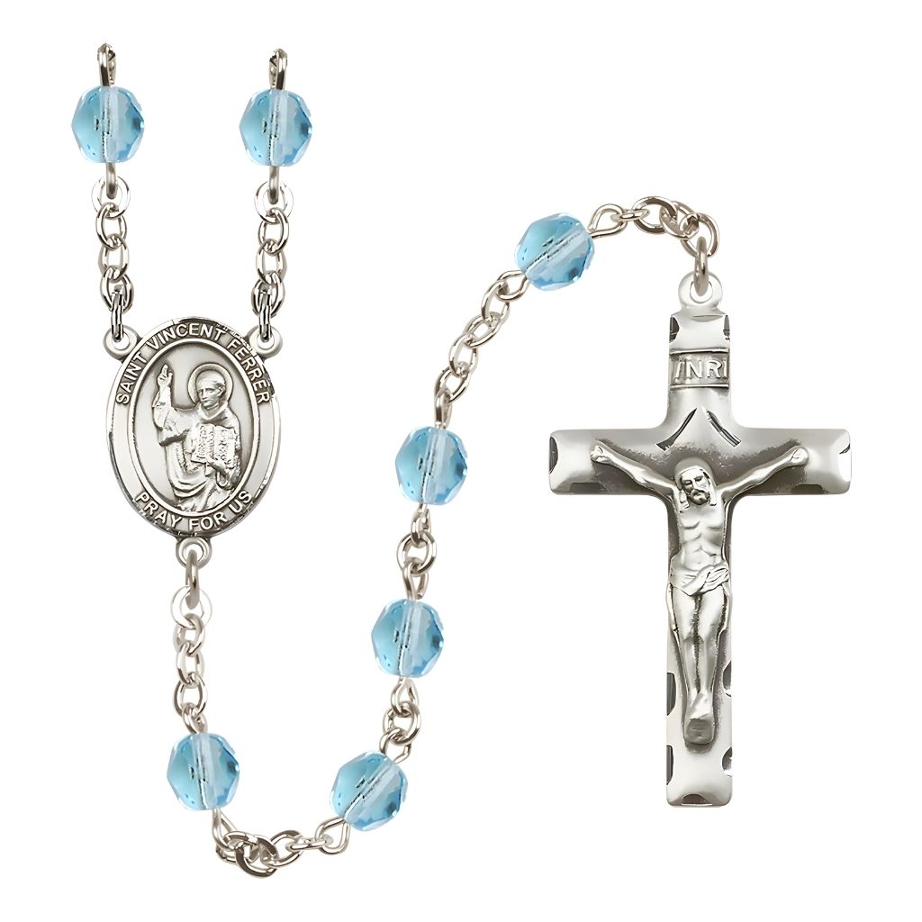 Bliss St. Vincent Ferrer Engravable Rosary with Pewter Crucifix and Centerpiece, Birthstone 6mm Fire Polished Aqua Beads for March