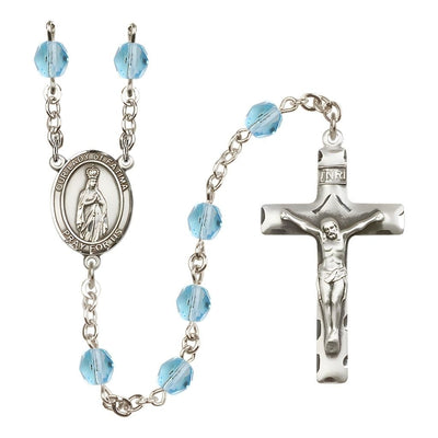 Our Lady of Fatimas Engravable Rosary with Pewter Crucifix and Centerpiece, Birthstone 6mm Fire Polished Aqua Beads for March, Bliss Manufacturing