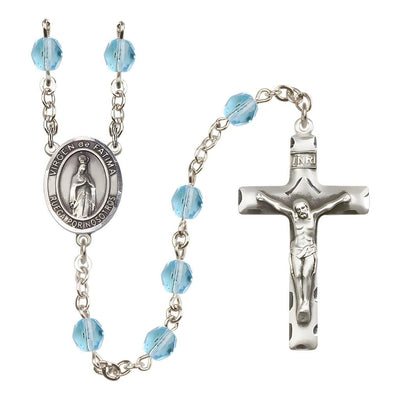 Spanish Virgen de Fatima Engravable Rosary with Pewter Crucifix and Centerpiece, Birthstone 6mm Fire Polished Aqua Beads for March, Bliss Manufacturing