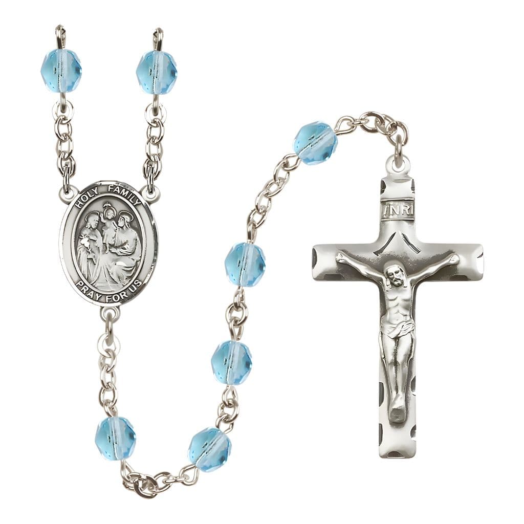 Bliss Holy Family Engravable Rosary with Pewter Crucifix and Centerpiece, Birthstone 6mm Fire Polished Aqua Beads for March