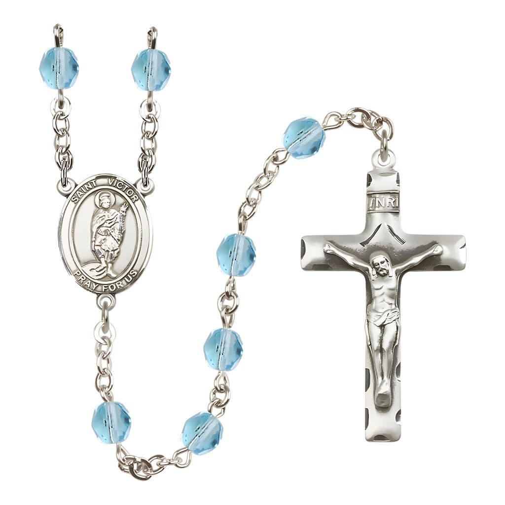 Bliss St. Victor of Marseilles Engravable Rosary with Pewter Crucifix and Centerpiece, Birthstone 6mm Fire Polished Aqua Beads for March