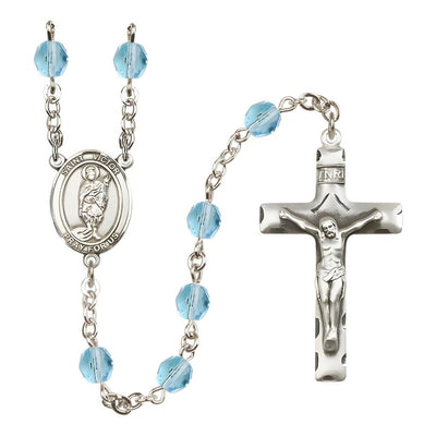 St. Victor of Marseilles Engravable Rosary with Pewter Crucifix and Centerpiece, Birthstone 6mm Fire Polished Aqua Beads for March, Bliss Manufacturing