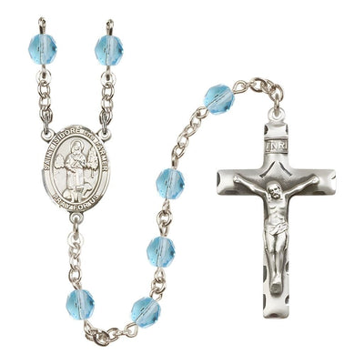 St. Isidore the Farmer Engravable Rosary with Pewter Crucifix and Centerpiece, Birthstone 6mm Fire Polished Aqua Beads for March, Bliss Manufacturing