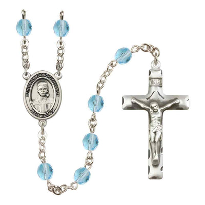 Saint Pier Giorgio Frassati Silver-plated Rosary with Traditional Pewter Crucifix and Centerpiece, Birthstone 6mm Fire Polished Aqua Beads for March