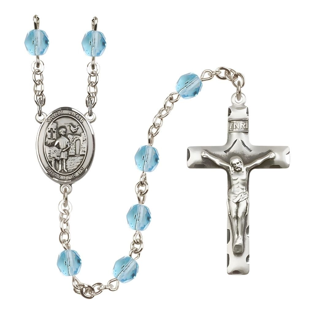 Bliss St. Vitus Engravable Rosary with Pewter Crucifix and Centerpiece, Birthstone 6mm Fire Polished Aqua Beads for March