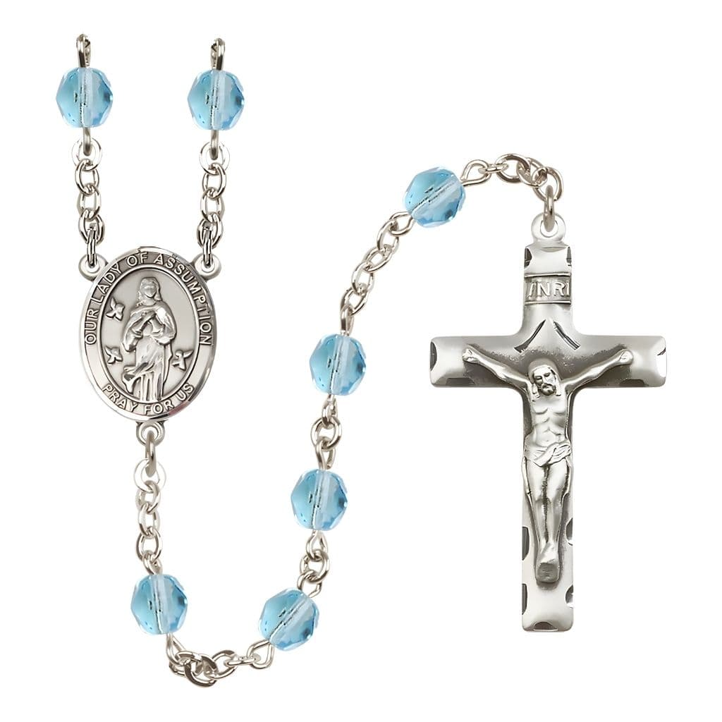 Our Lady of Assumption Engraved Birthstone 6mm Aqua Fire Polished Silver-plated Rosary with Pewter Centerpiece and Crucifix