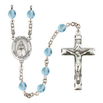 Spanish Rosa Mystica Silver-plated Rosary with Pewter Crucifix and Centerpiece, Birthstone 6mm Fire Polished Aqua Beads for March