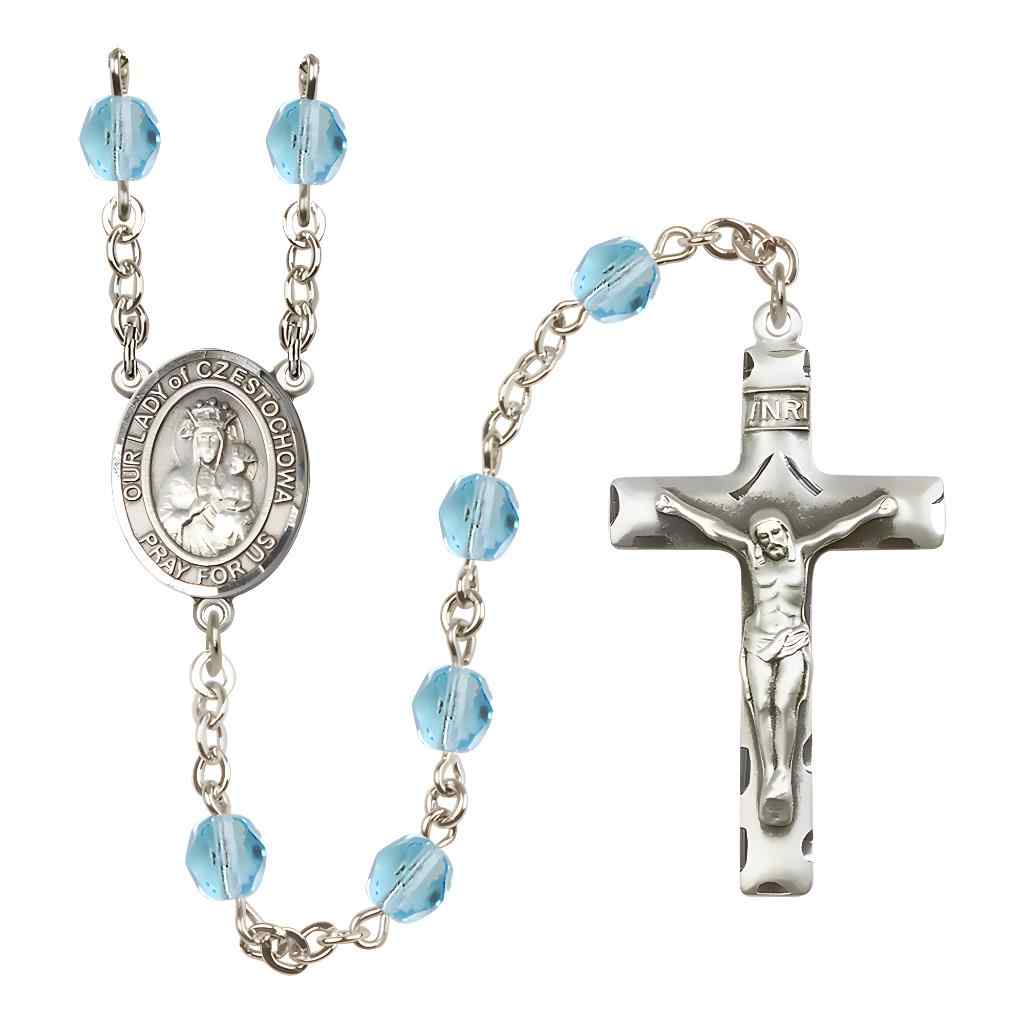 Our Lady of Czestochowa Silver-plated Rosary with Pewter Crucifix and Centerpiece, Birthstone 6mm Fire Polished Aqua Beads for March