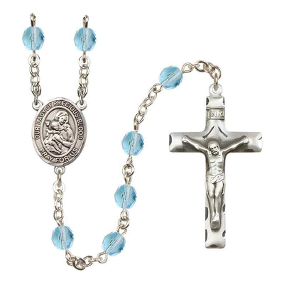 Our Lady of the Precious Blood Rosary with Pewter Traditional Crucifix and Oval Centerpiece, Birthstone 6mm Fire Polished Aqua Beads for March