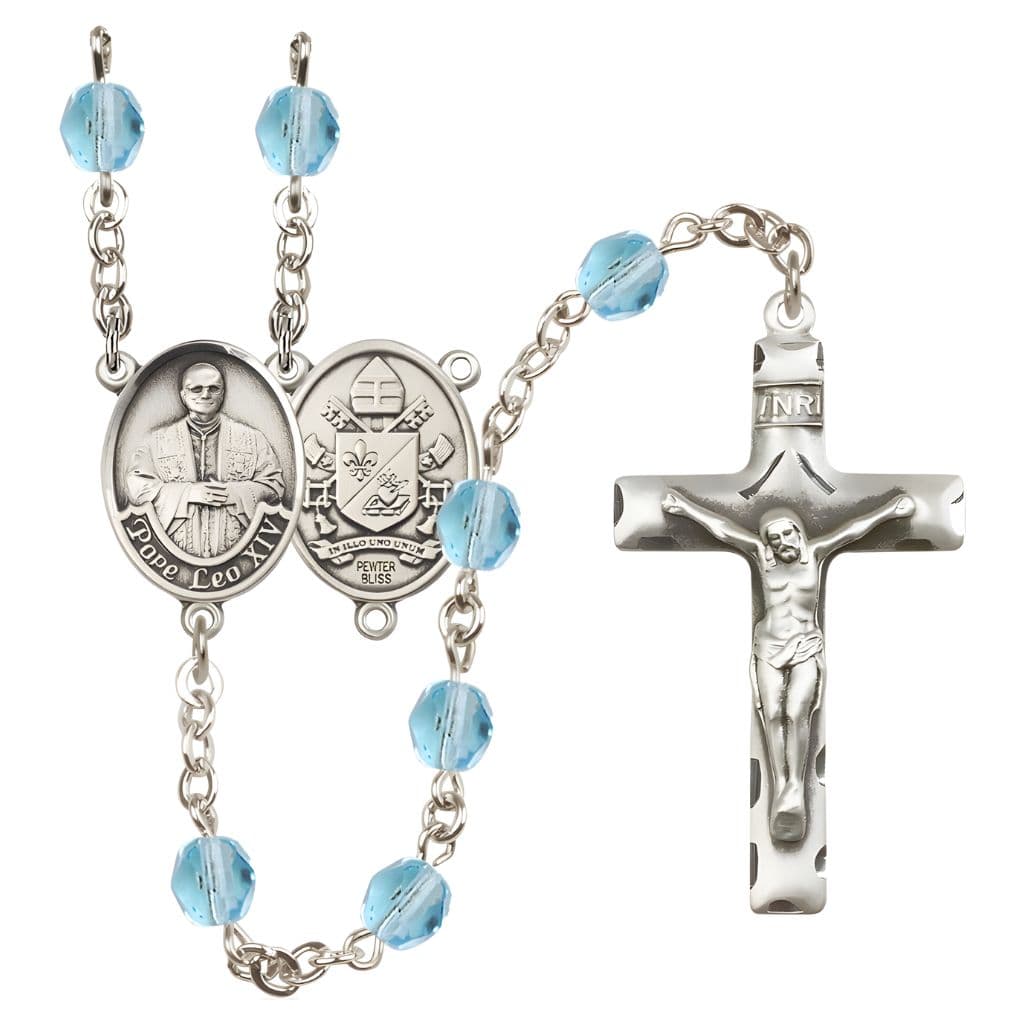 Bliss Pope Leo XIV Birthstone Engravable Rosary with Pewter Center and Crucifix, 6mm Fire Polished Beads in Aqua for March