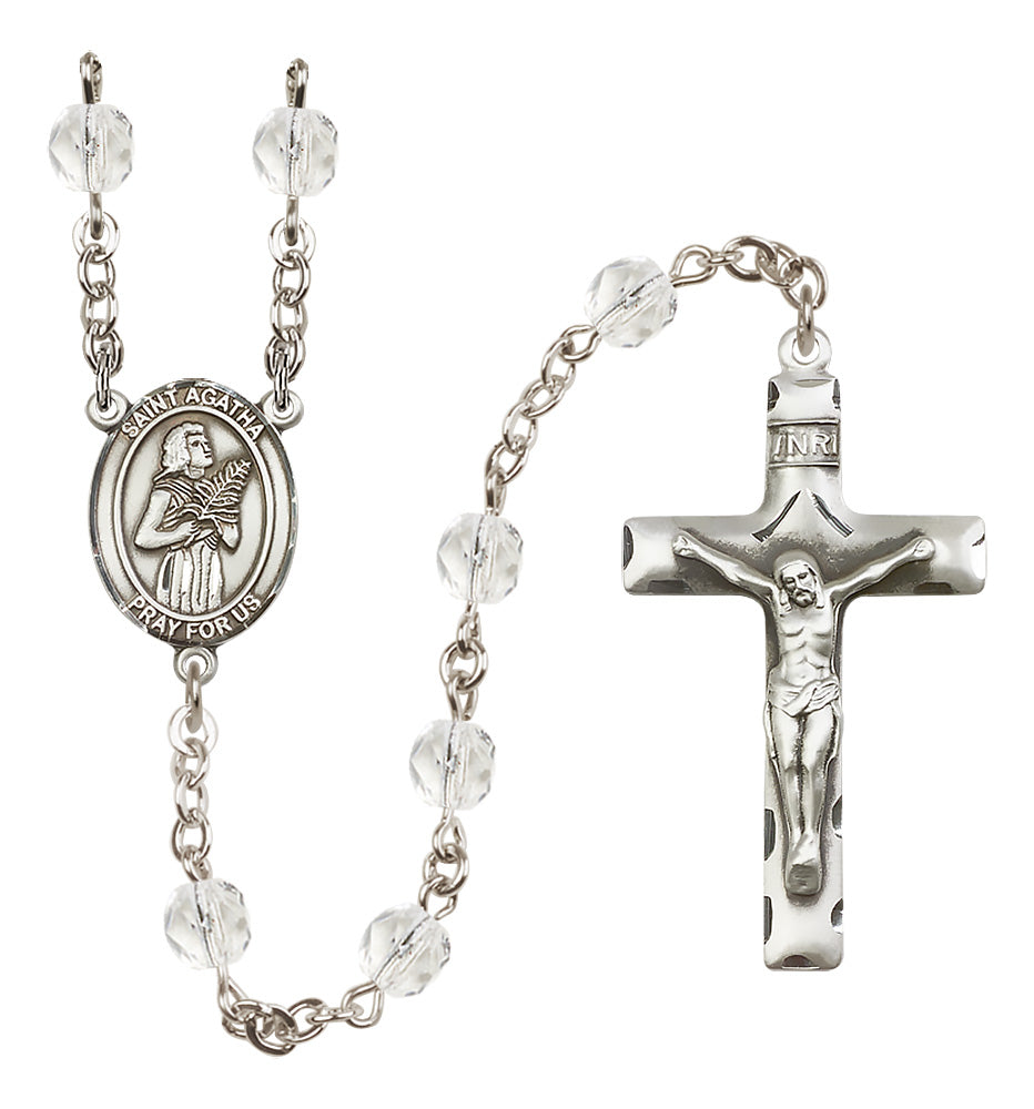 Bliss Silver Plated 6mm Fire Polished Saint Agatha Rosary in Crystal,