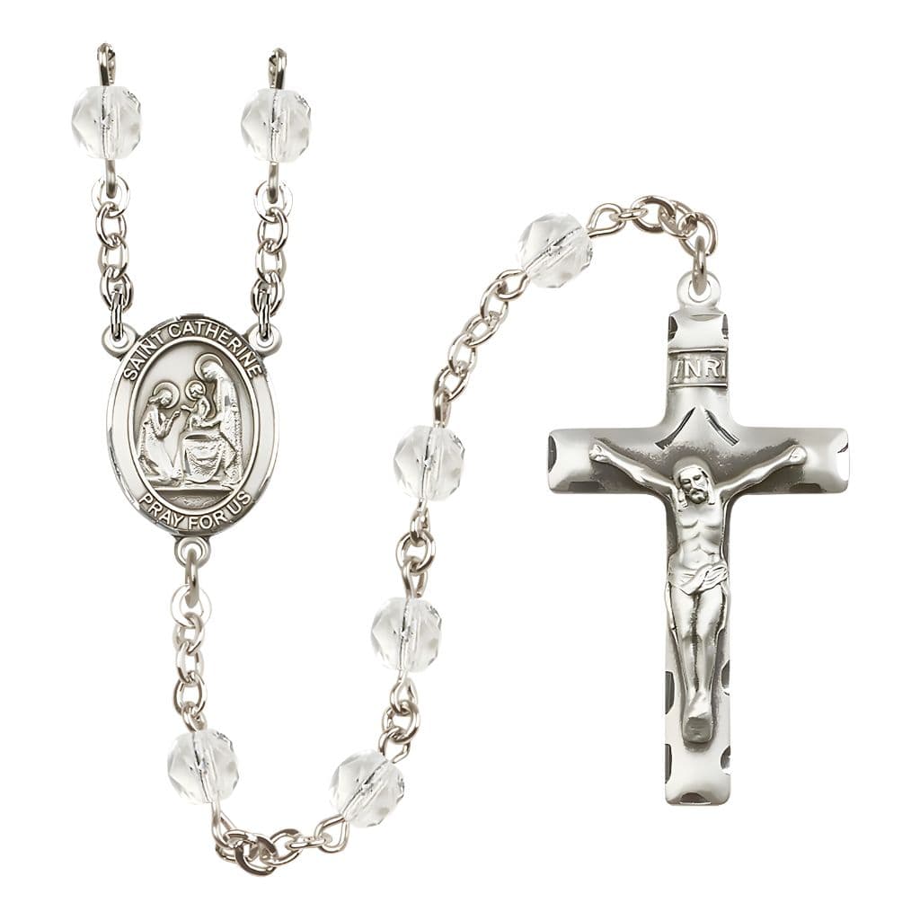 Bliss Saint Catherine of Siena Rosary Bracelet with Pewter Crucifix and Medal, Birthstone 6mm Fire Polished Clear Crystal Beads for April