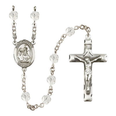 Saint Catherine of Siena Rosary Bracelet with Pewter Crucifix and Medal, Birthstone 6mm Fire Polished Clear Crystal Beads for April, Bliss Manufacturing