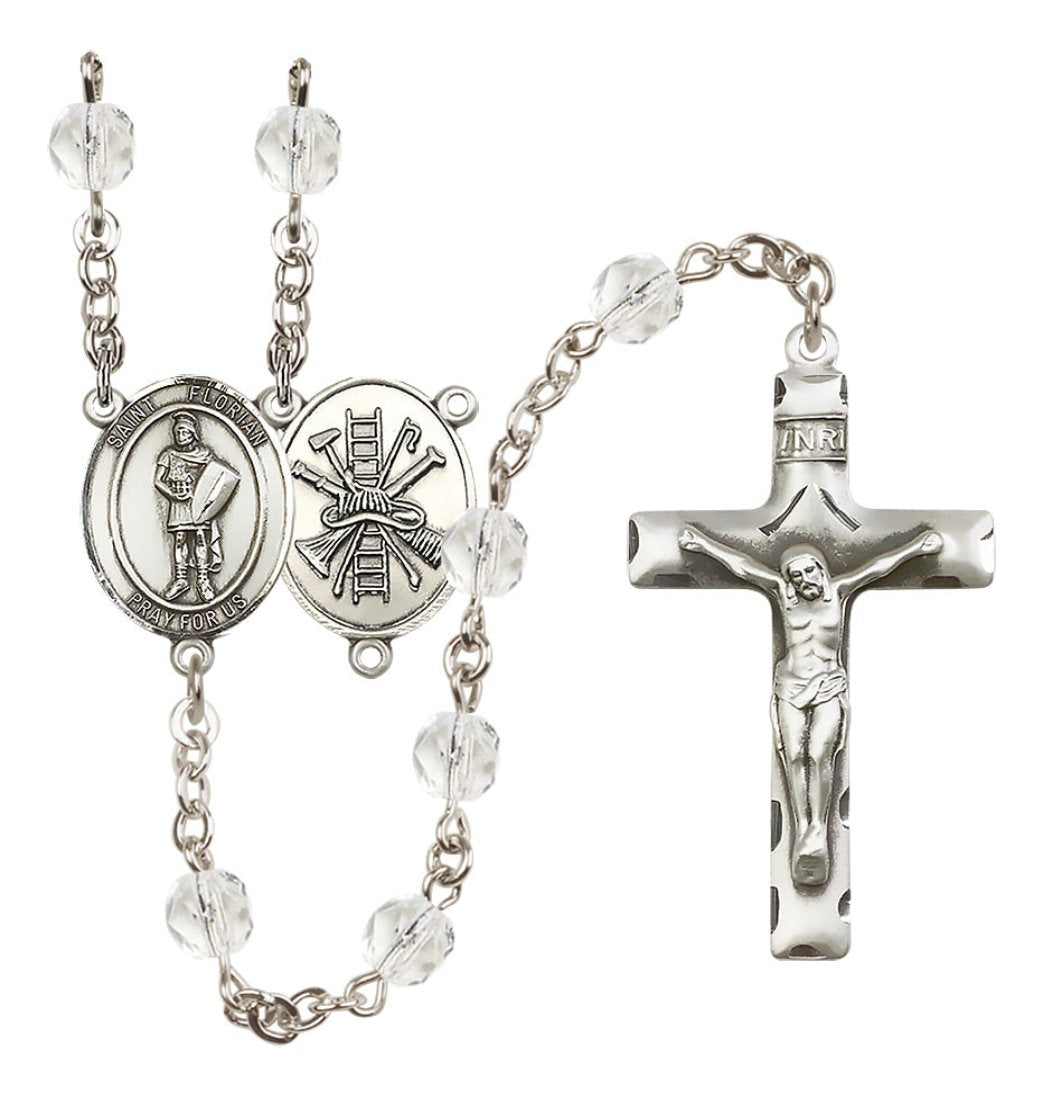 Bliss St Florian w/Firefighter Center Silver-Plated Crystal April Birthstone Rosary,