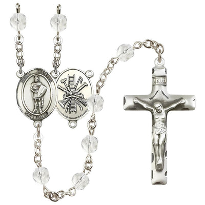 St Florian w/Firefighter Center Silver-Plated Crystal April Birthstone Rosary, Bliss Manufacturing