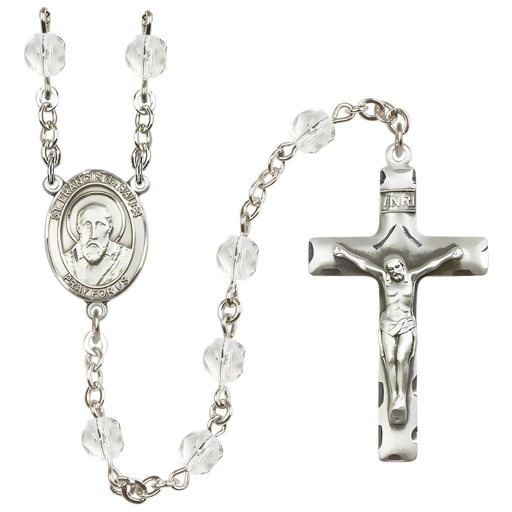 St. Francis de Sales 6mm Clear Silver-Plated Catholic Rosary, handmade in the USA,