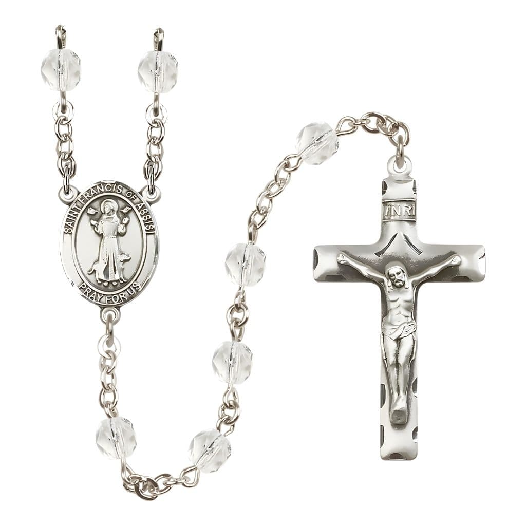 St. Francis of Assisi Clear 6mm Fire Polished Birthstone Engravable Silver-plated Rosary with Pewter Centerpiece and Crucifix, USA Made