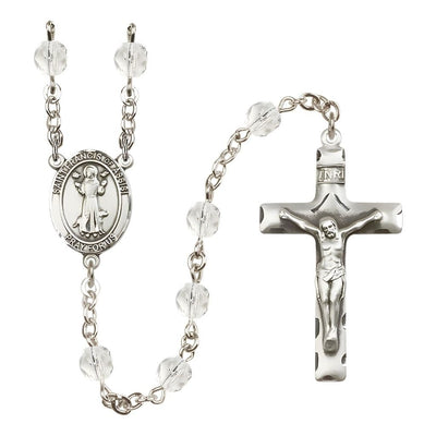 St. Francis of Assisi Clear 6mm Fire Polished Birthstone Engravable Silver-plated Rosary with Pewter Centerpiece and Crucifix, USA Made in Crystal, Bliss Manufacturing