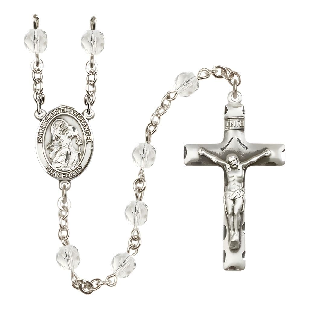 St. Gabriel the Archangel Engravable Rosary with Pewter Crucifix and Centerpiece, Birthstone 6mm Fire Polished Clear Crystal Beads for April, Bliss Manufacturing