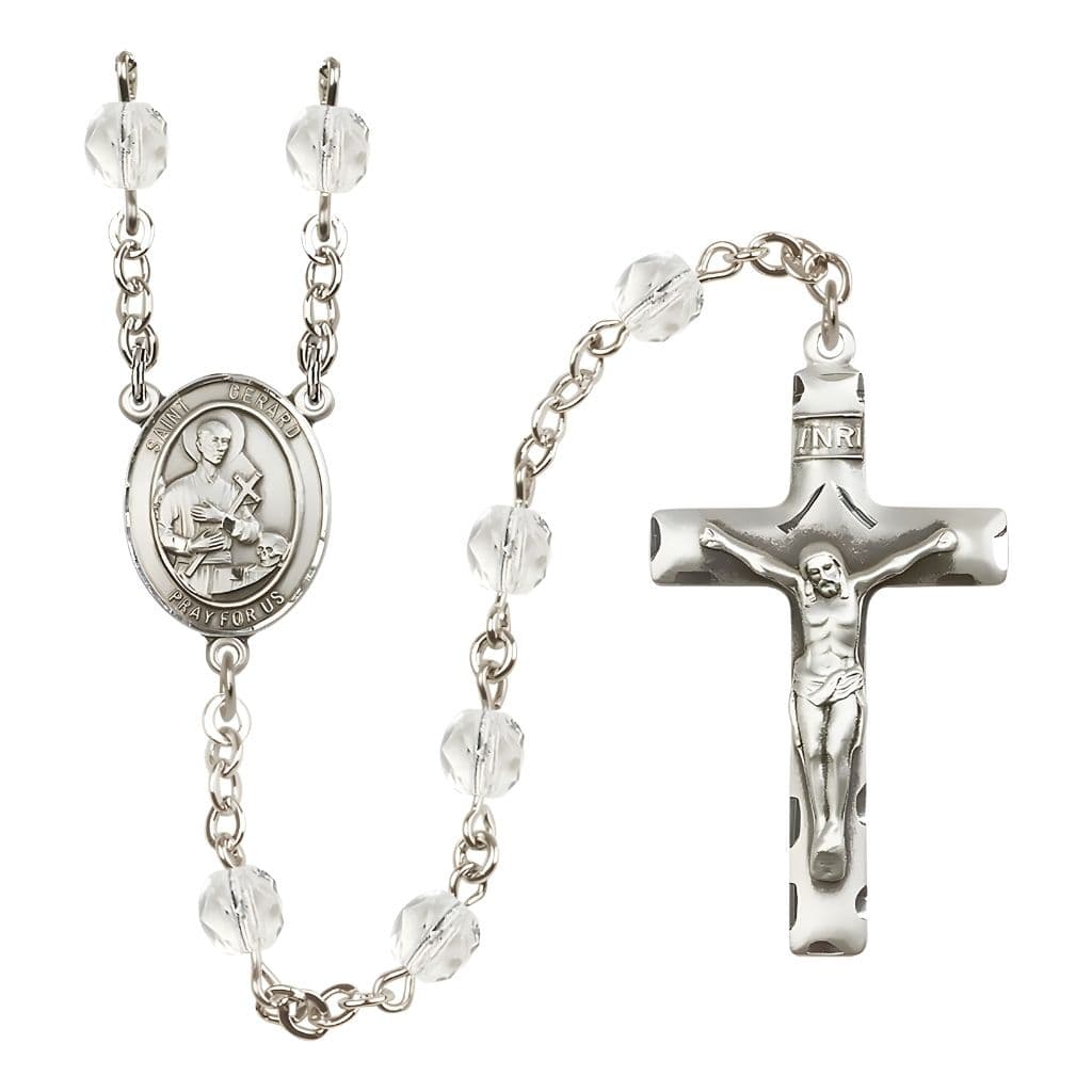 Bliss St. Gerard Majella Engravable Rosary with Pewter Crucifix and Centerpiece, Birthstone 6mm Fire Polished Clear Crystal Beads for April