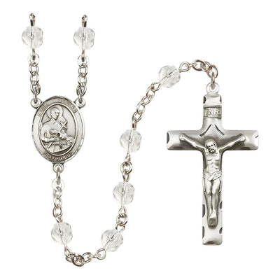 St. Gerard Majella Engravable Rosary with Pewter Crucifix and Centerpiece, Birthstone 6mm Fire Polished Clear Crystal Beads for April, Bliss Manufacturing
