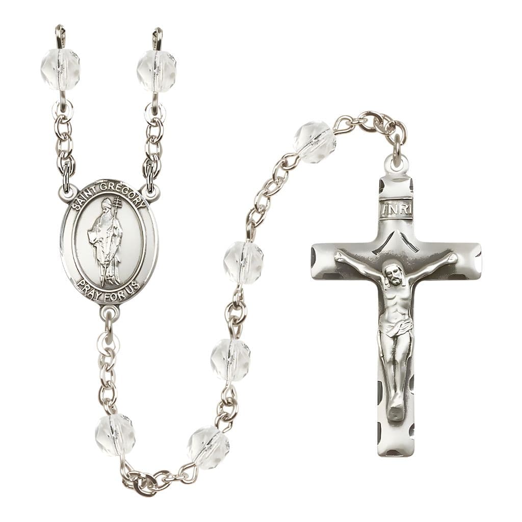 Bliss St. Gregory the Great Engravable Rosary with Pewter Crucifix and Centerpiece, Birthstone 6mm Fire Polished Clear Crystal Beads for April