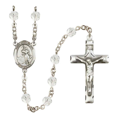 Saint Joan of Arc Silver-plated Rosary with Pewter Crucifix and Centerpiece, Birthstone 6mm Fire Polished Clear Crystal Beads for April