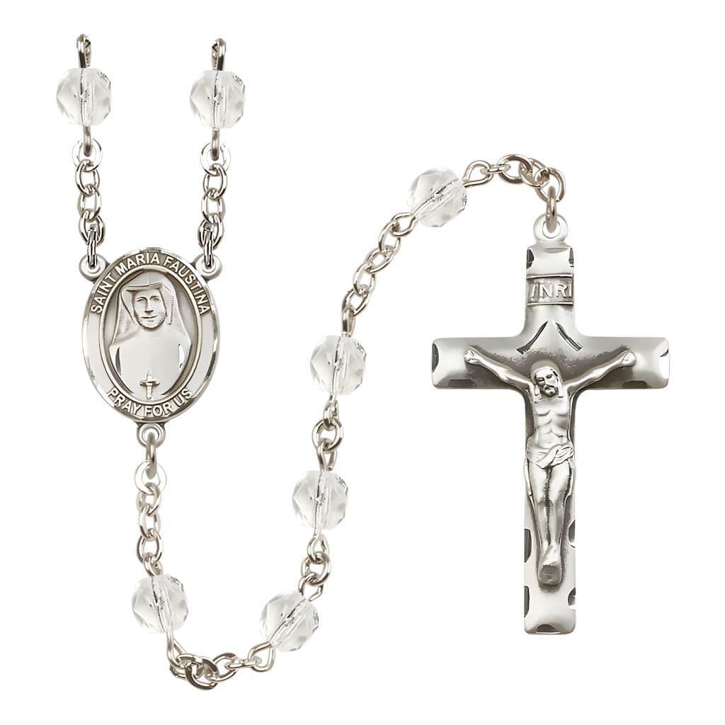 Bliss St. Maria Faustina Engraved Birthstone 6mm Crystal Fire Polished Silver-plated Rosary with Pewter Centerpiece and Crucifix,