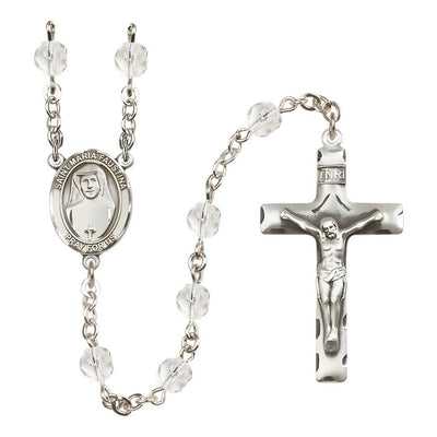 St. Maria Faustina Engraved Birthstone 6mm Crystal Fire Polished Silver-plated Rosary with Pewter Centerpiece and Crucifix, Bliss Manufacturing