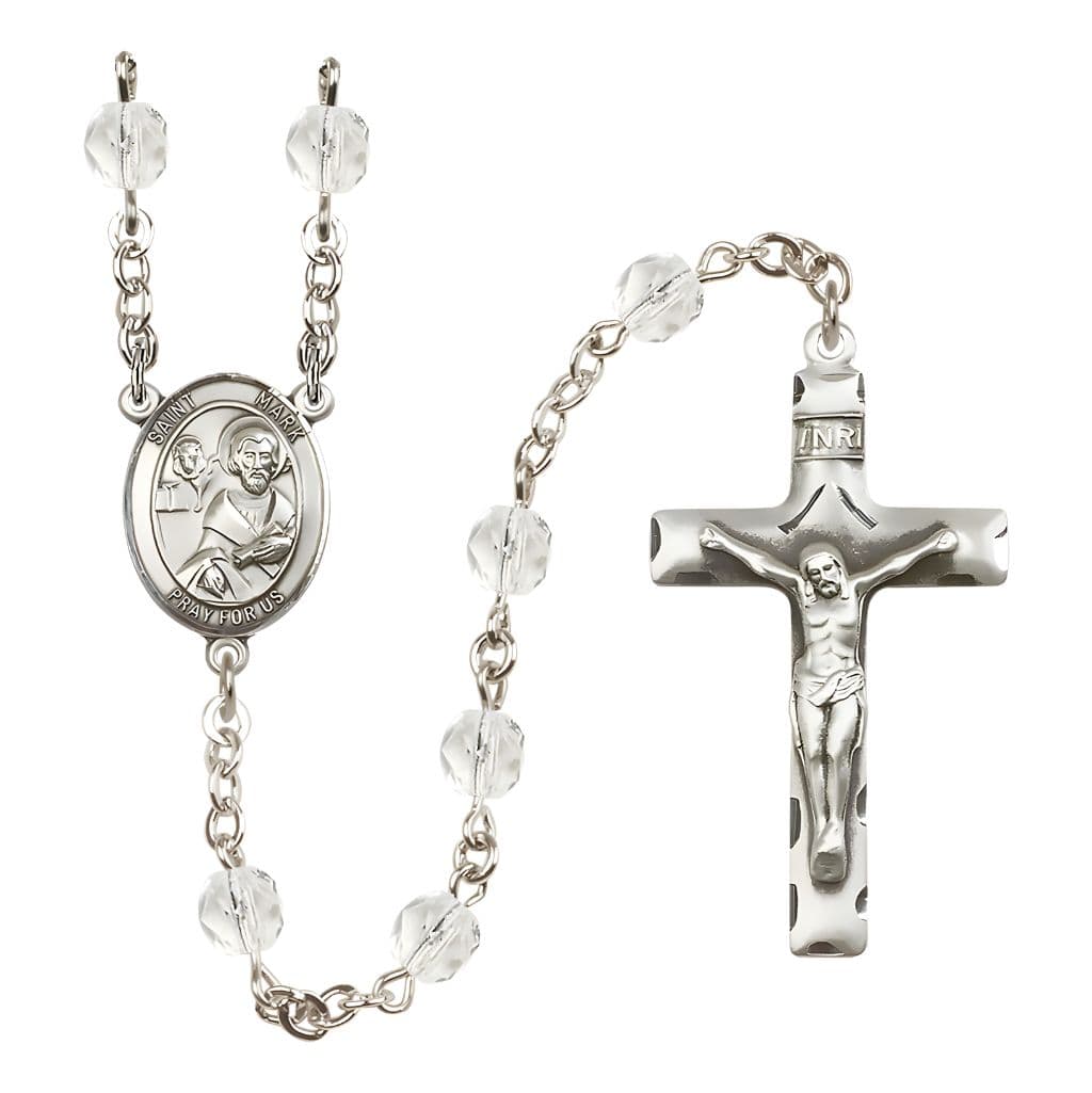 Bliss St. Mark the Evangelist Engravable Rosary with Pewter Crucifix and Centerpiece, Birthstone 6mm Fire Polished Clear Crystal Beads for April
