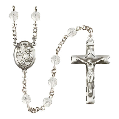 St. Mark the Evangelist Engravable Rosary with Pewter Crucifix and Centerpiece, Birthstone 6mm Fire Polished Clear Crystal Beads for April, Bliss Manufacturing