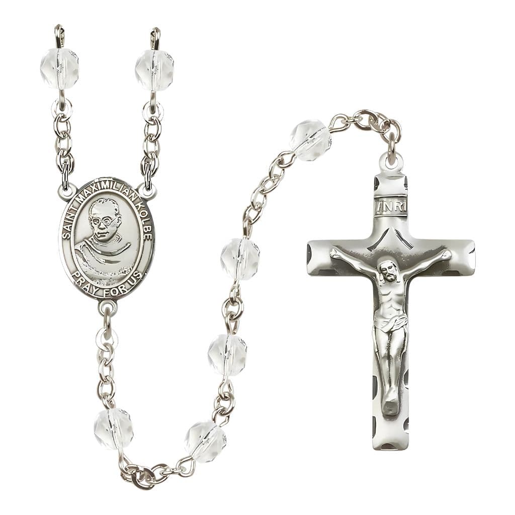 St. Maximilian Kolbe Birthstone Fire Polished Rosary with 6mm Clear Beads and Pewter Center and Crucifix,