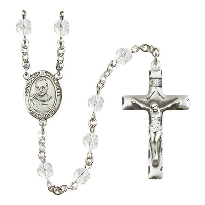 St. Maximilian Kolbe Birthstone Fire Polished Rosary with 6mm Clear Beads and Pewter Center and Crucifix in Crystal, Bliss Manufacturing