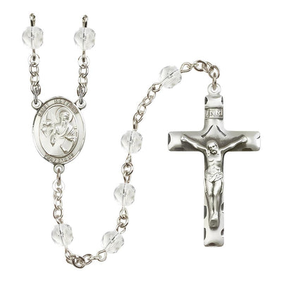 St. Matthew the Apostle Engraved Birthstone 6mm Fire Polished Rosary in Clear in Crystal, Bliss Manufacturing