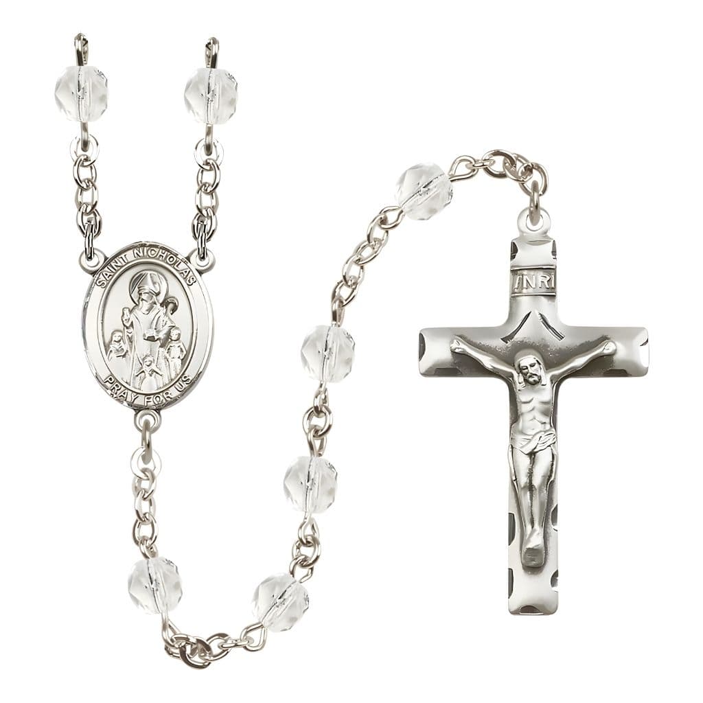 Bliss St. Nicholas Engravable Rosary with Pewter Centerpiece and Crucifix, April Birthstone 6mm Clear Fire Polish Beads