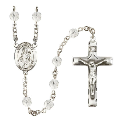 St. Nicholas Engravable Rosary with Pewter Centerpiece and Crucifix, April Birthstone 6mm Clear Fire Polish Beads in Crystal, Bliss Manufacturing