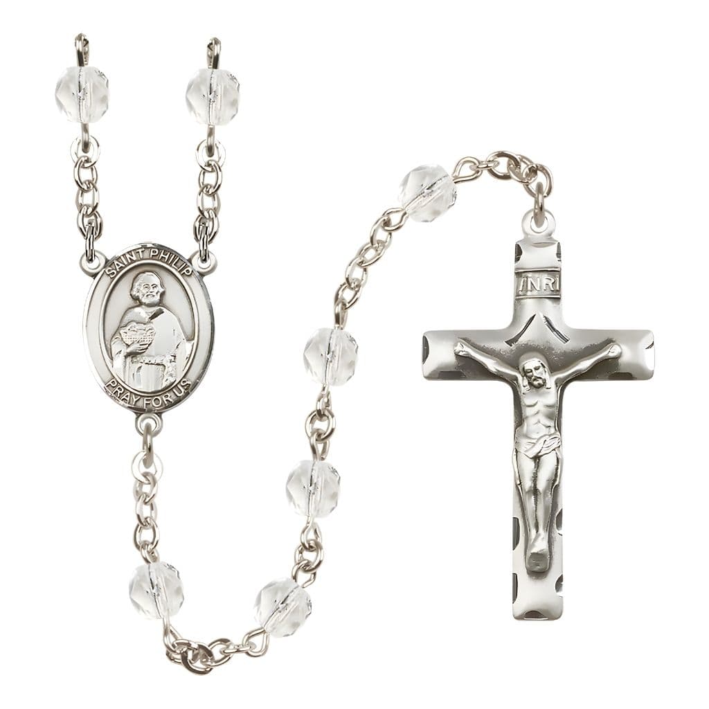 Bliss St. Philip the Apostle Engravable Rosary with Pewter Crucifix and Centerpiece, Birthstone 6mm Fire Polished Clear Crystal Beads for April