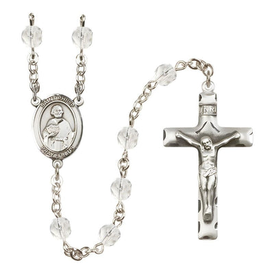 St. Philip the Apostle Engravable Rosary with Pewter Crucifix and Centerpiece, Birthstone 6mm Fire Polished Clear Crystal Beads for April, Bliss Manufacturing