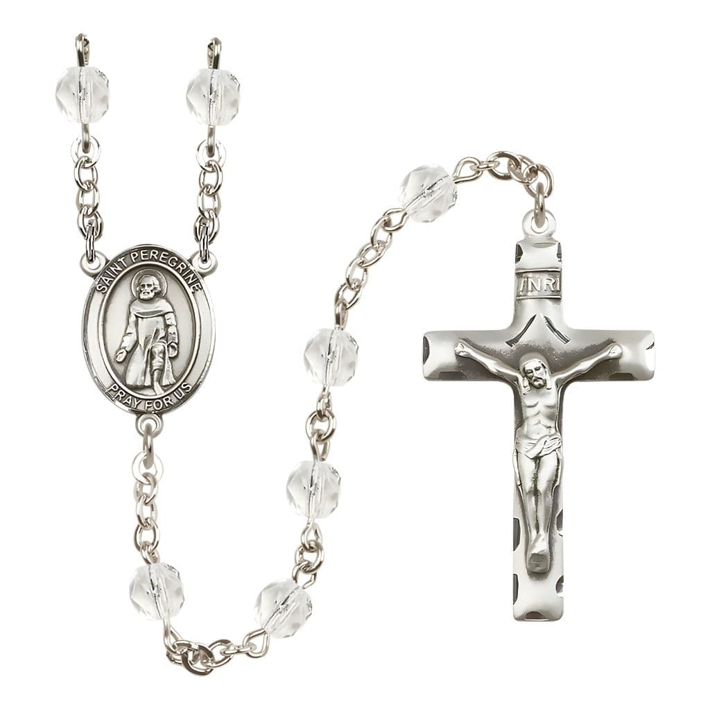 St. Peregrine Laziosi Engravable Rosary with Pewter Crucifix and Centerpiece, Birthstone 6mm Fire Polished Clear Crystal Beads for April, Bliss Manufacturing