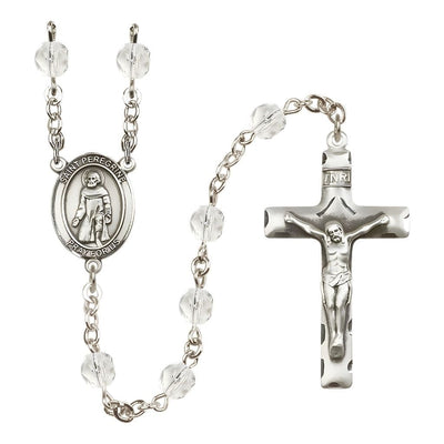St. Peregrine Laziosi Engravable Rosary with Pewter Crucifix and Centerpiece, Birthstone 6mm Fire Polished Clear Crystal Beads for April, Bliss Manufacturing