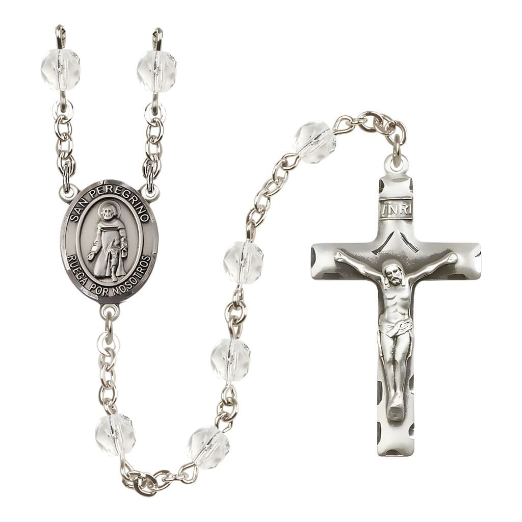Bliss Spanish San Peregrino Engravable Rosary with Pewter Crucifix and Centerpiece, Birthstone 6mm Fire Polished Clear Crystal Beads for April